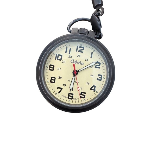 Cabela’s Pocket Watch With Leather Case Japan Movement Black/Brown Outdoor Gear - Picture 3 of 6